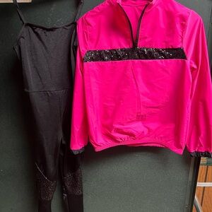 Weissman Girls Dance Costume size MC Black Full Leotard Pink Jacket Sequins